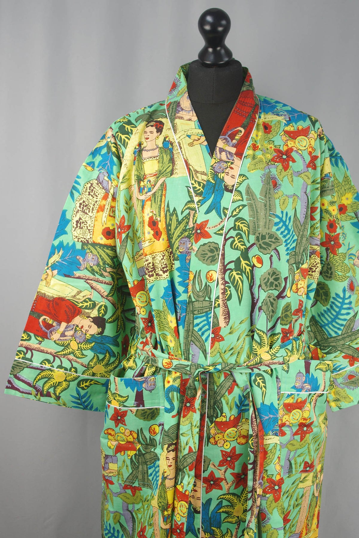 Light Green Frida Kahlo Floral Print Cotton Kimono Dressing Gown