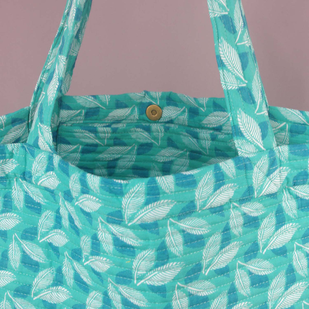 Cotton Quilted Large Shopping / Beach Bag - Teal Blue Leaves