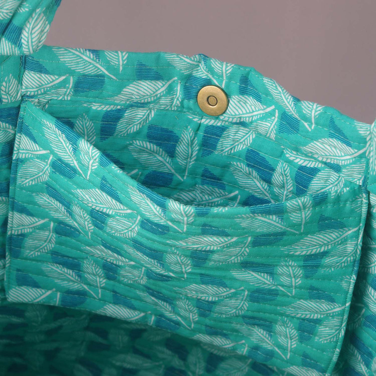 Cotton Quilted Large Shopping / Beach Bag - Teal Blue Leaves