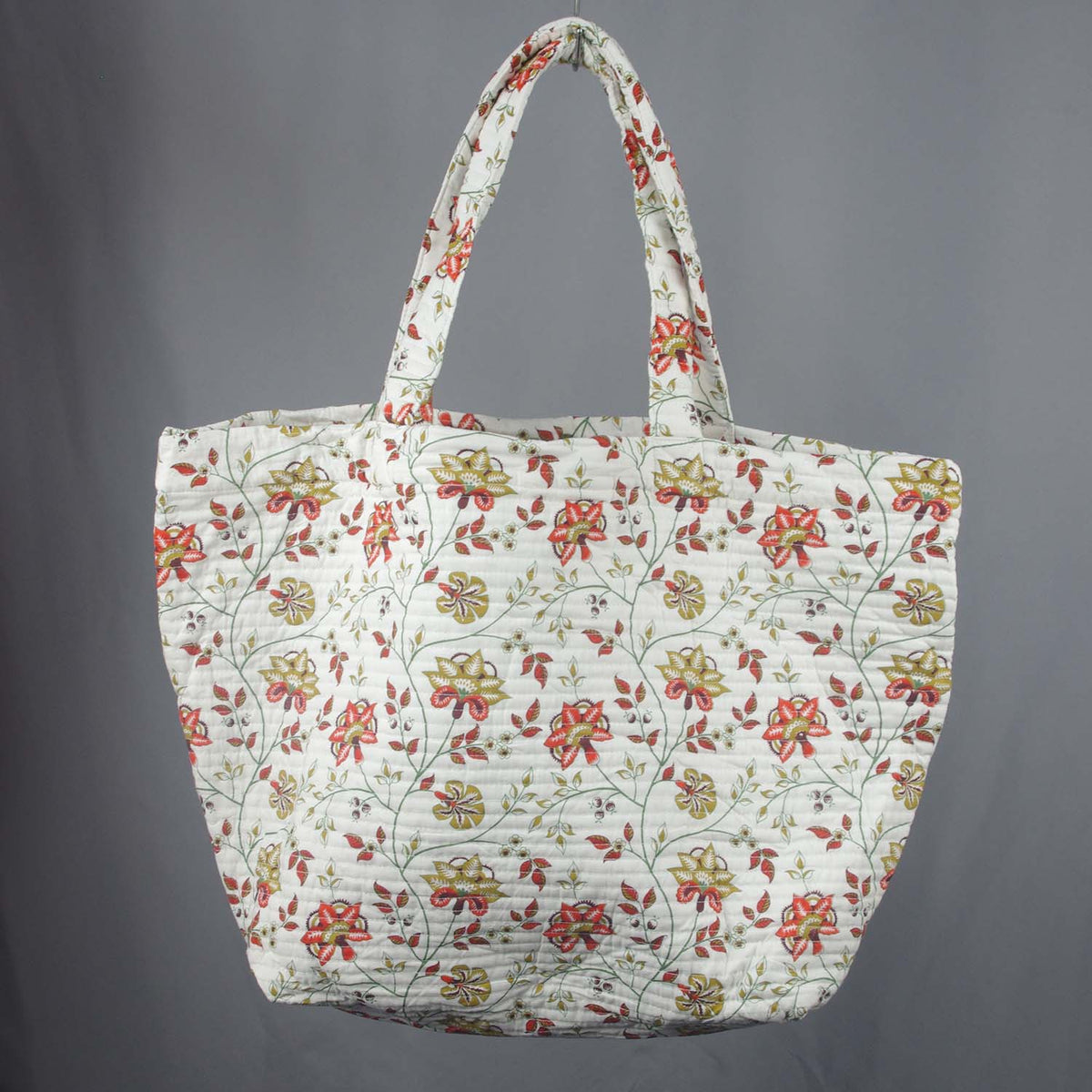 Cotton Quilted Large Shopping / Beach Bag - White Red and Sand Brown Floral