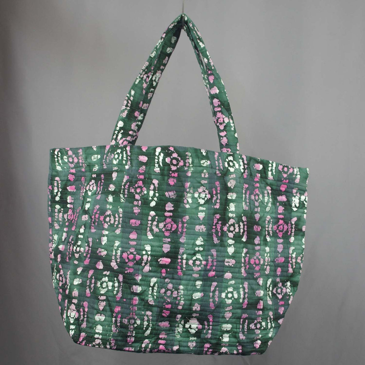 Cotton Quilted Large Shopping / Beach Bag - Mineral Green And Pink