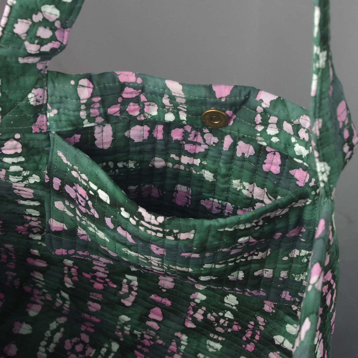 Cotton Quilted Large Shopping / Beach Bag - Mineral Green And Pink