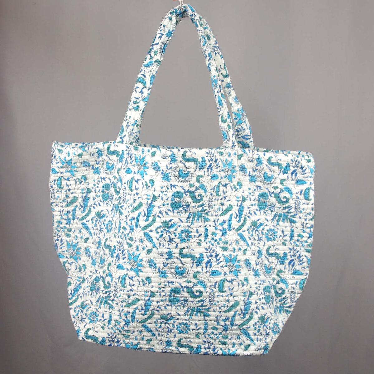 Cotton Quilted Large Shoppping / Beach Bag - White Blue Floral Print