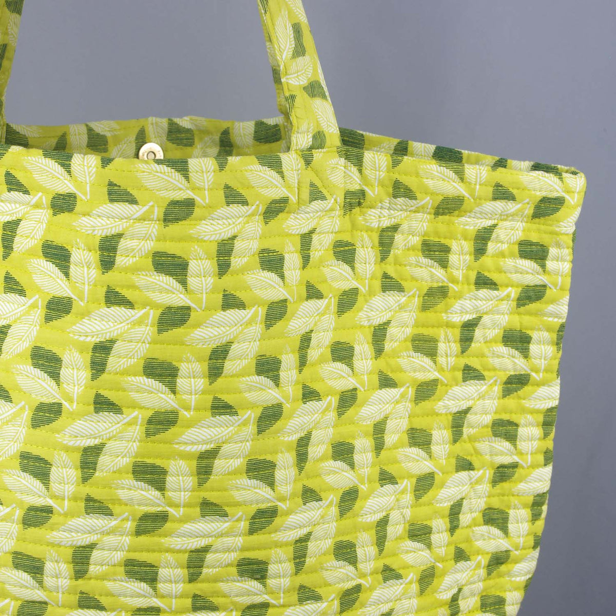 Cotton Quilted Large Shopping / Beach Bag - Yellow Green Leaves