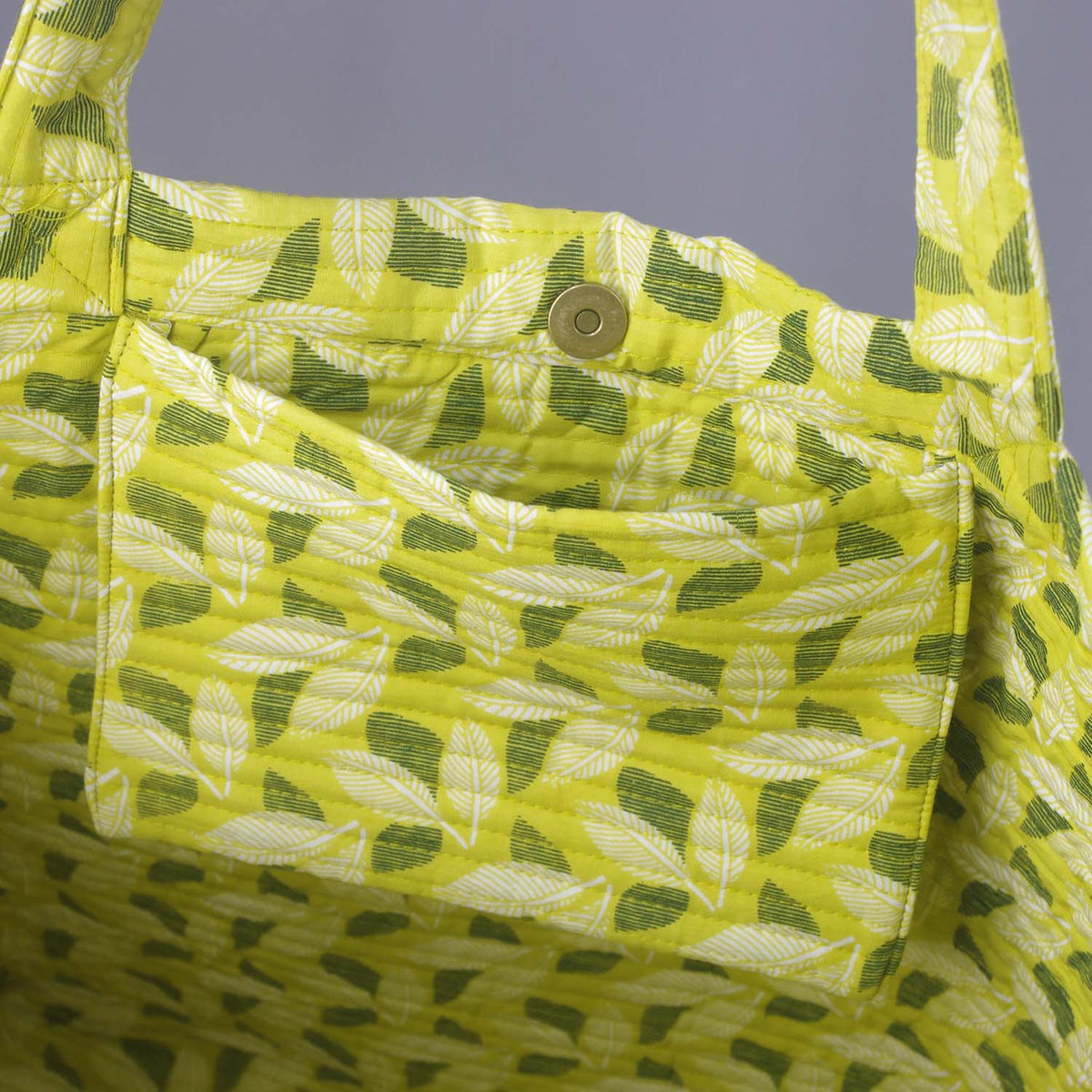 Cotton Quilted Large Shopping / Beach Bag - Yellow Green Leaves