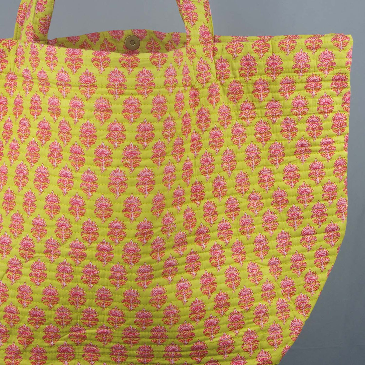 Cotton Quilted Large Shopping / Beach Bag - Turmeric Yellow Pink Motif