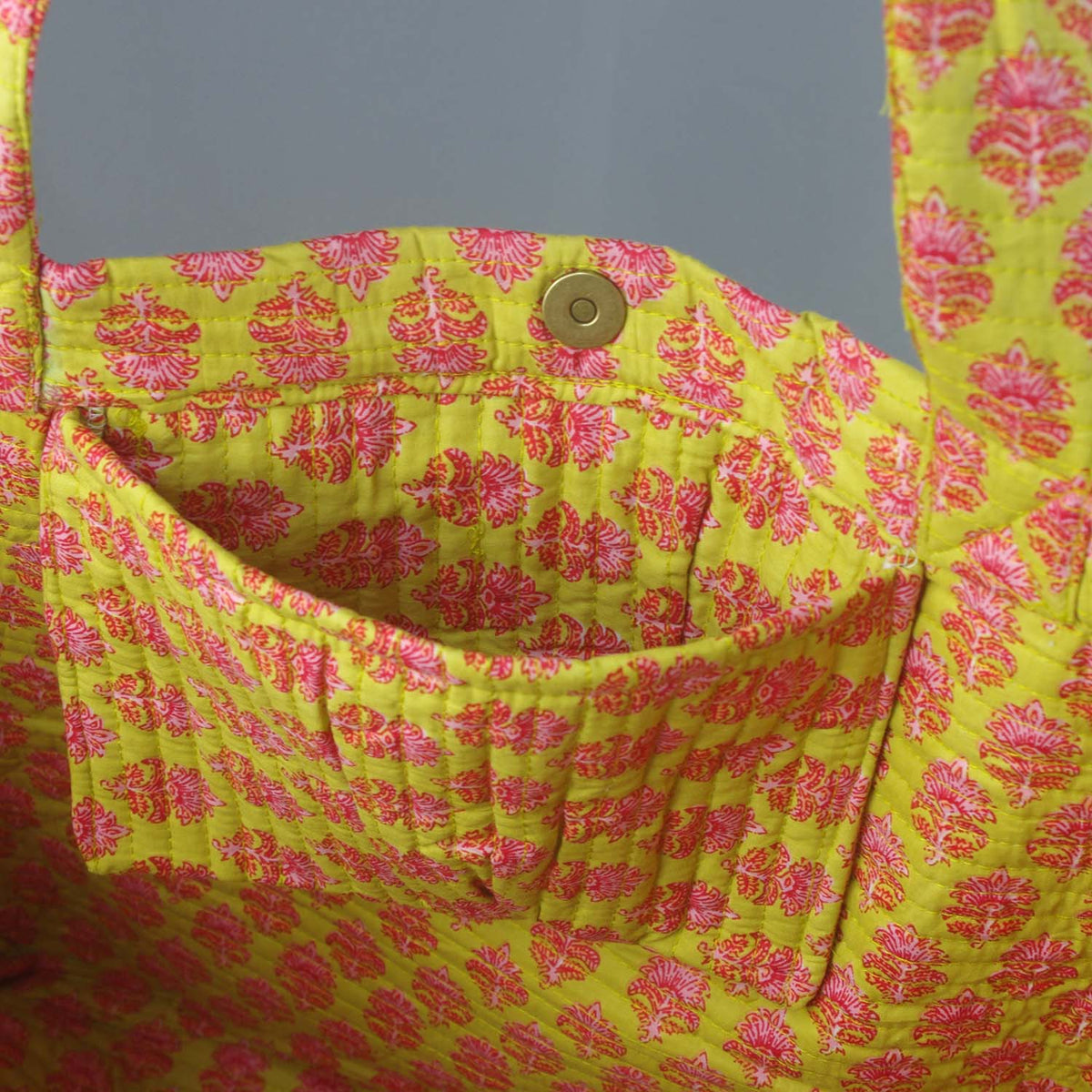 Cotton Quilted Large Shopping / Beach Bag - Turmeric Yellow Pink Motif