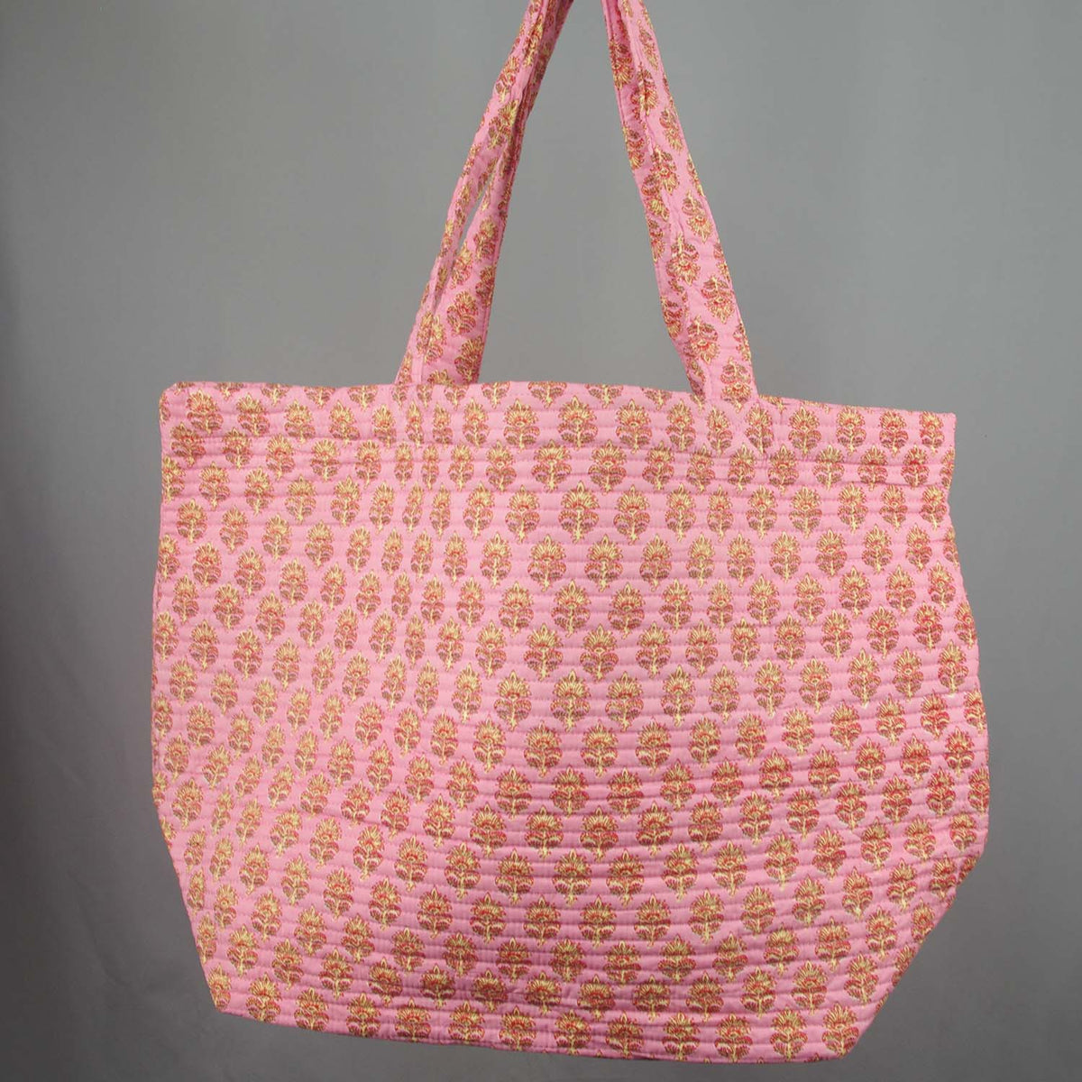 Cotton Quilted Large Shopping / Beach Bag - Baby Pink Yellow Motif