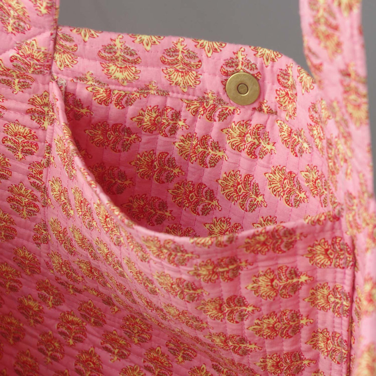 Cotton Quilted Large Shopping / Beach Bag - Baby Pink Yellow Motif
