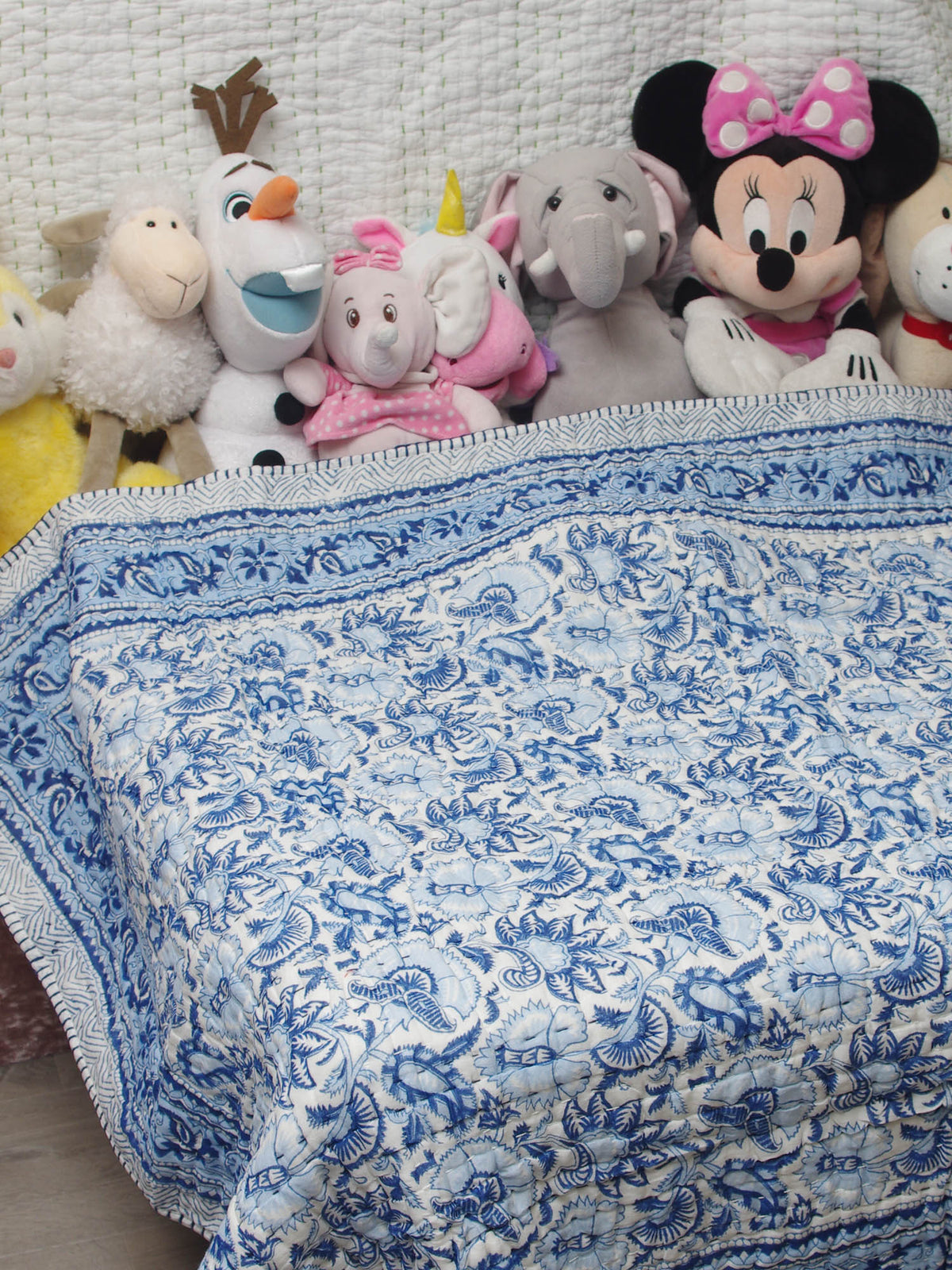 New Baby Pure Soft Cotton Filling Kantha Blanket Quilt - Blue Floral BQ7