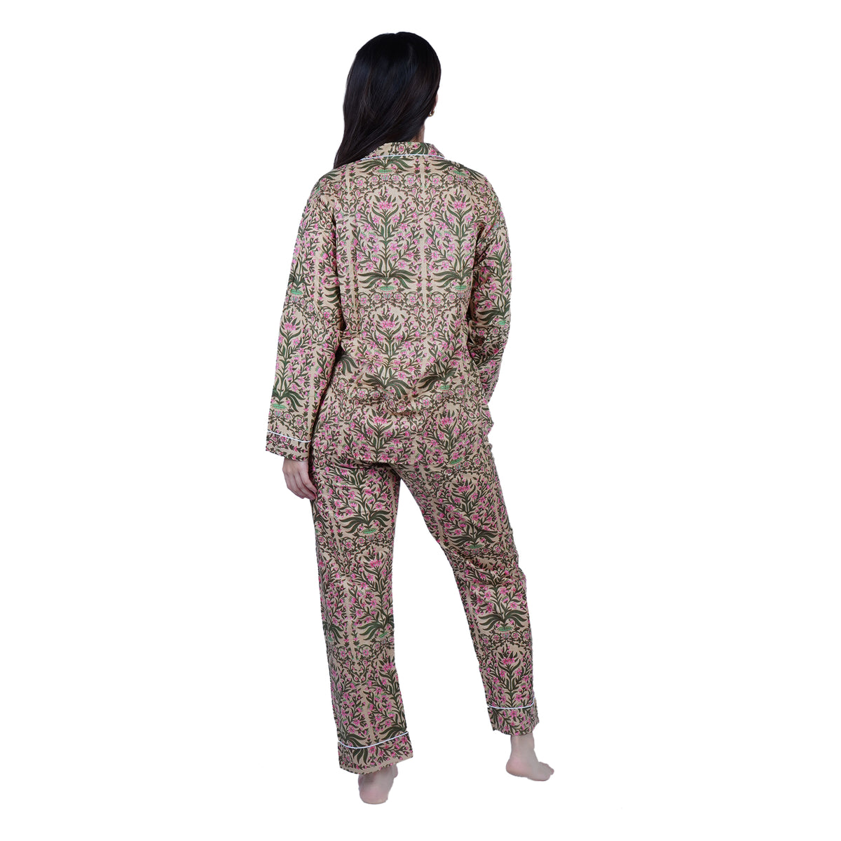 Langes bläulich-graues Pyjama-Set mit rosafarbenem Blumen-Blockdruck-Design