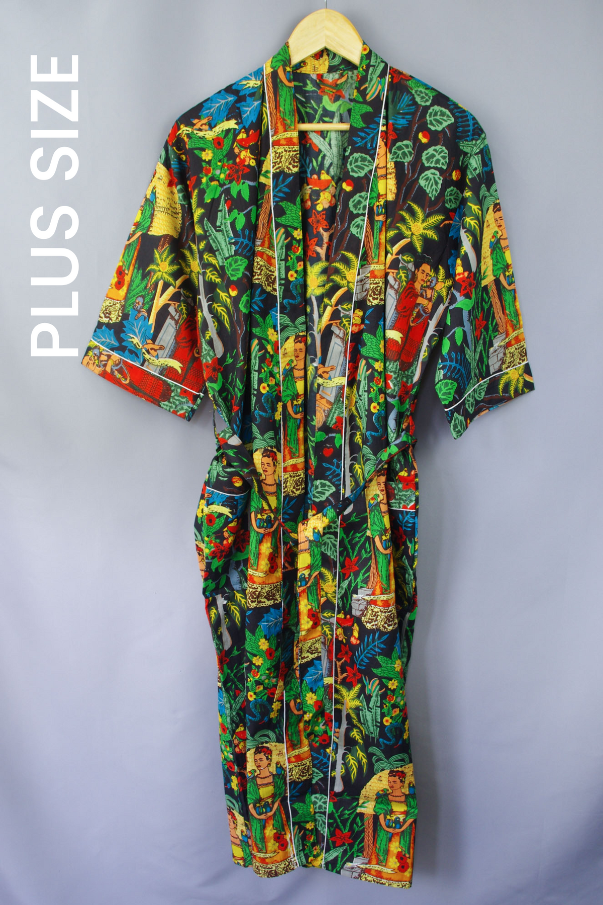 Plus Size Black Frida Kahlo Floral Print Cotton Kimono Dressing Gown