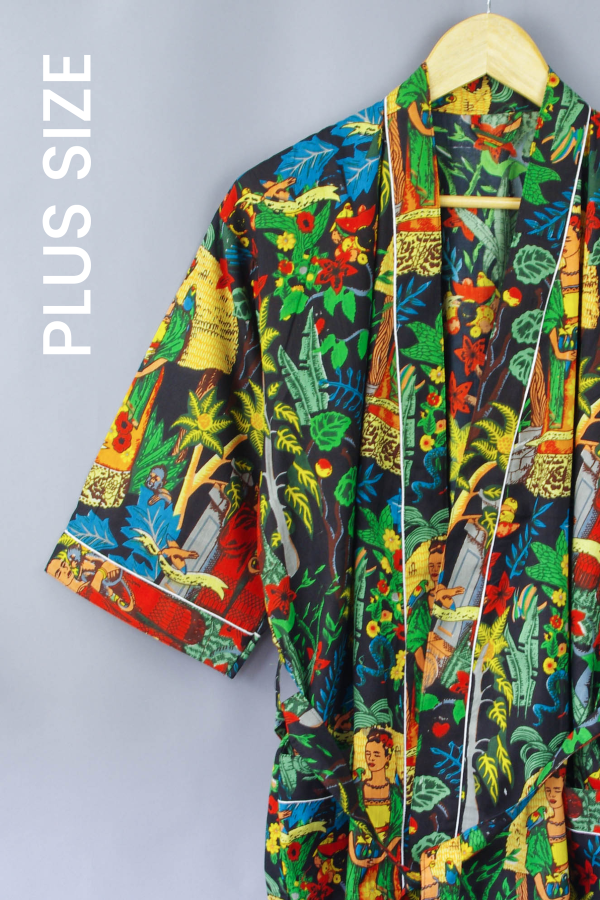 Plus Size Black Frida Kahlo Floral Print Cotton Kimono Dressing Gown