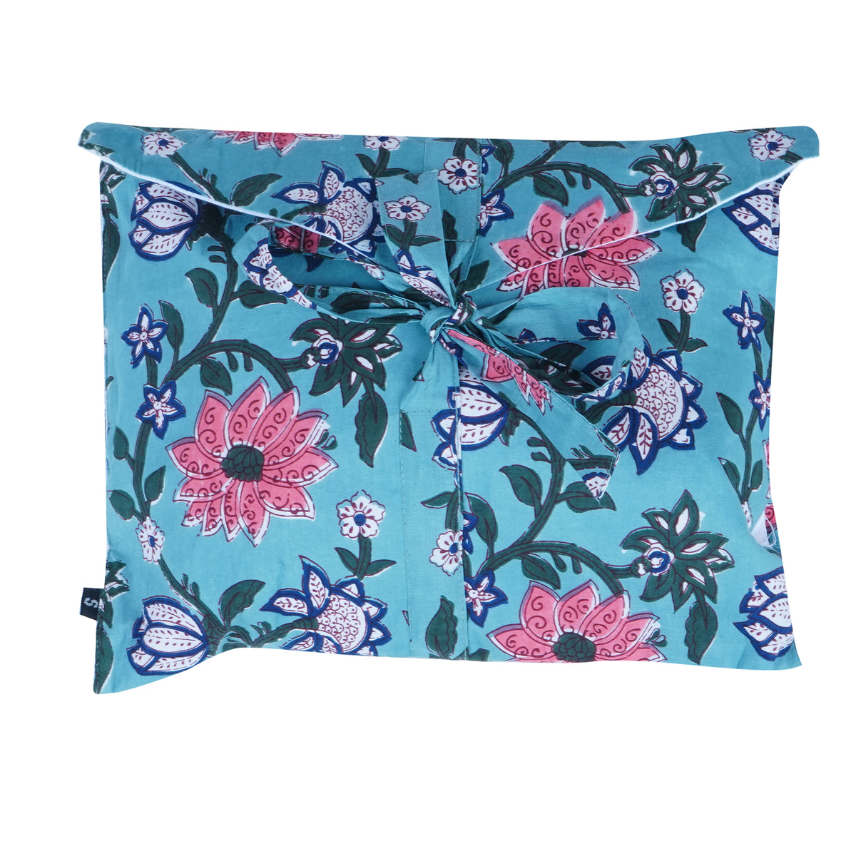 Langes bläulich-graues Pyjama-Set mit rosafarbenem Blumen-Blockdruck-Design