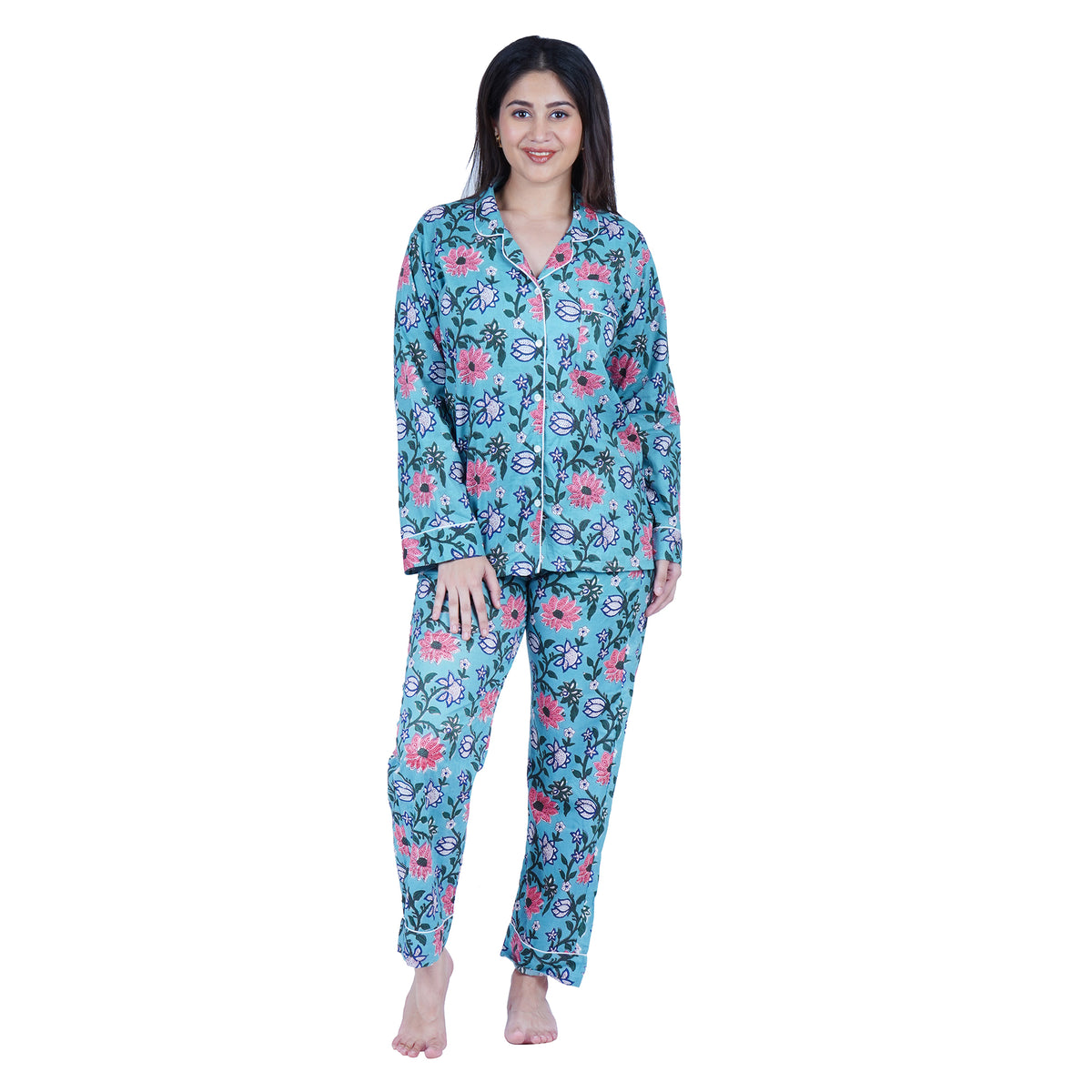 Langes bläulich-graues Pyjama-Set mit rosafarbenem Blumen-Blockdruck-Design
