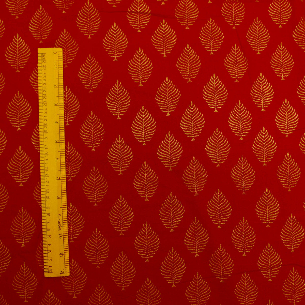 Indian Block Print Red Gold Winter Leaf 100% Cotton Fabric Design 140