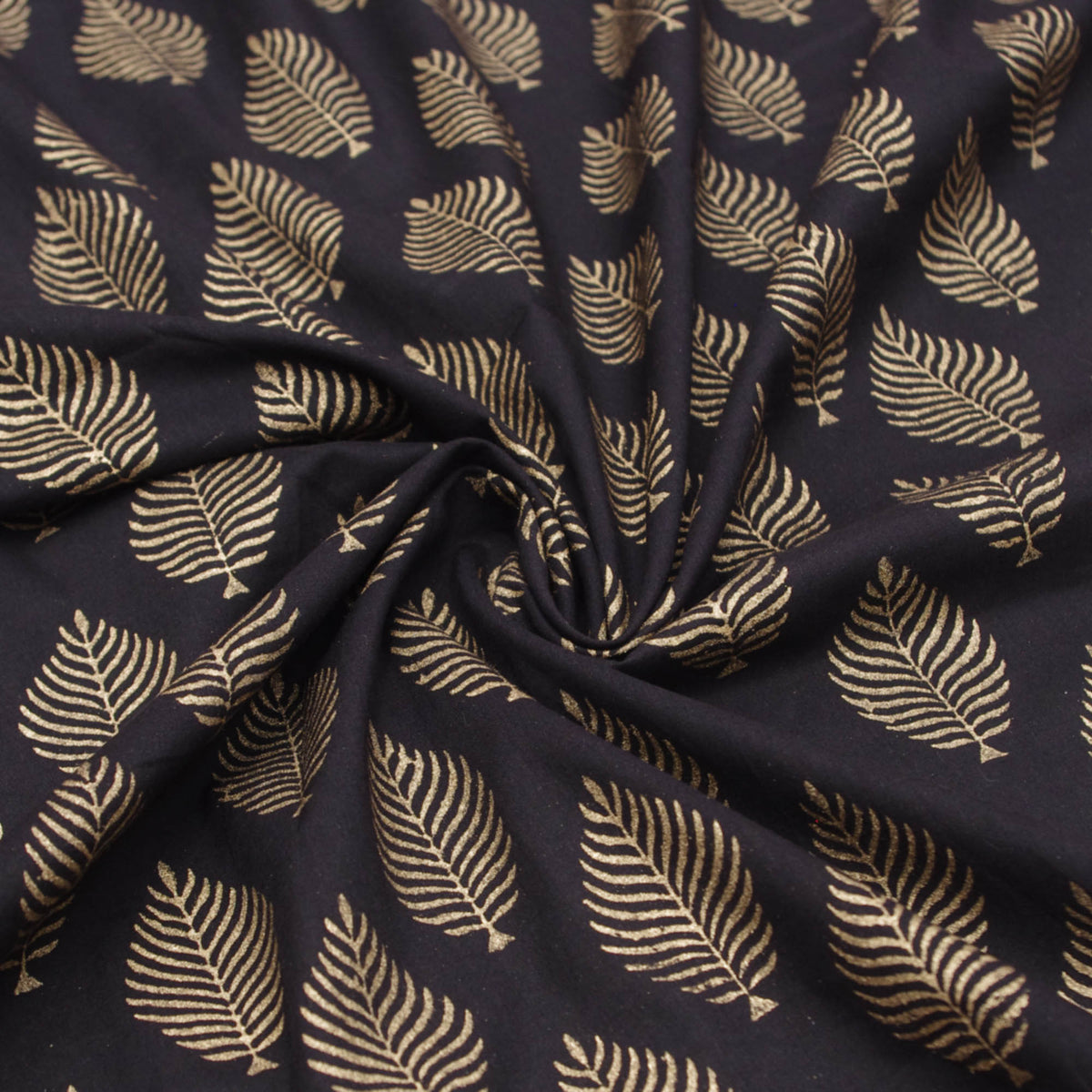 Indian Block Print Black Gold Winter Leaf 100% Cotton Fabric Design 141