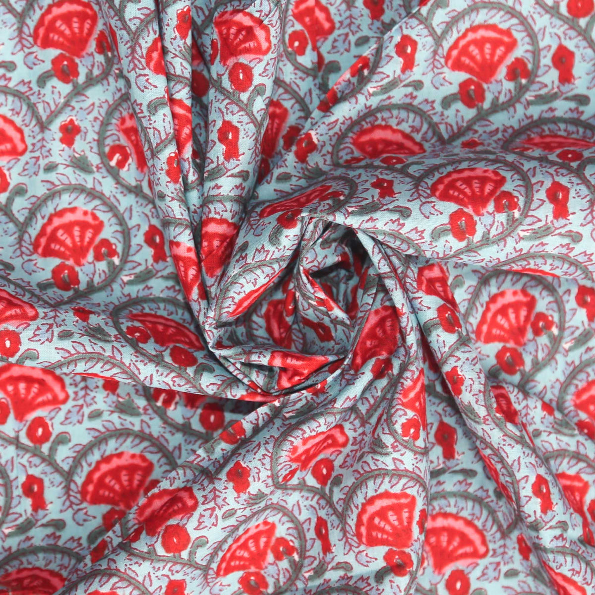 Block Printed 100% Cotton Women Dress Fabric Red  Cloves Flowers Design 440