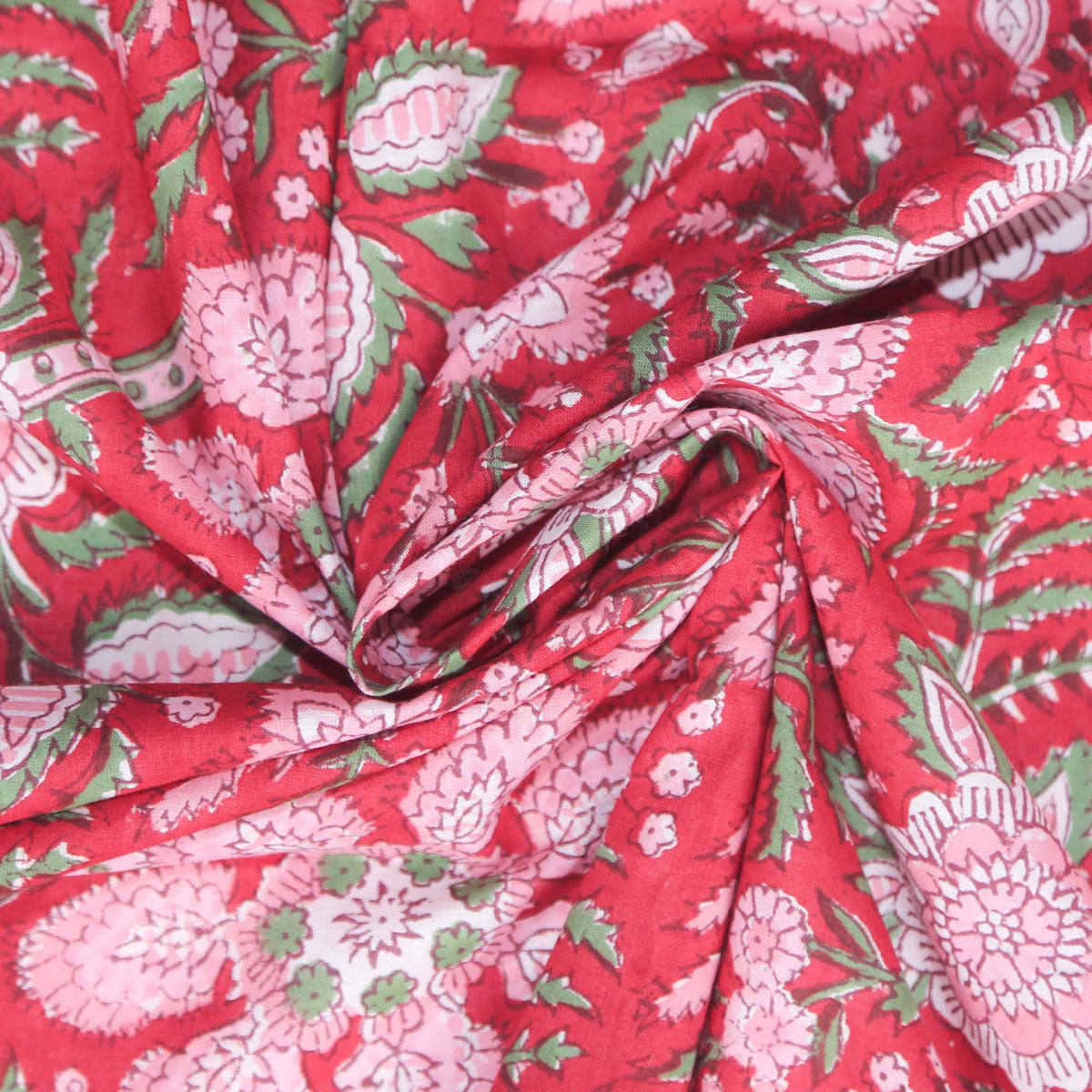 Block Print Fabric - Red & Green Ancient Floral (Design 442)