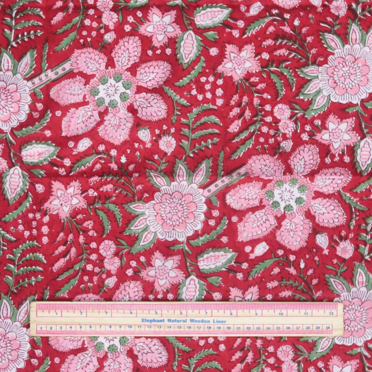 Block Print Fabric - Red & Green Ancient Floral (Design 442)