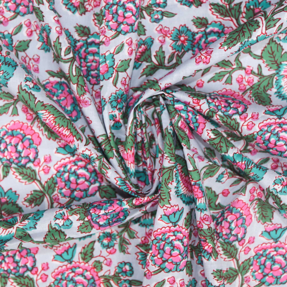 Block Print Fabric - Pink Green Vines On Greybase  ( Design 444 )