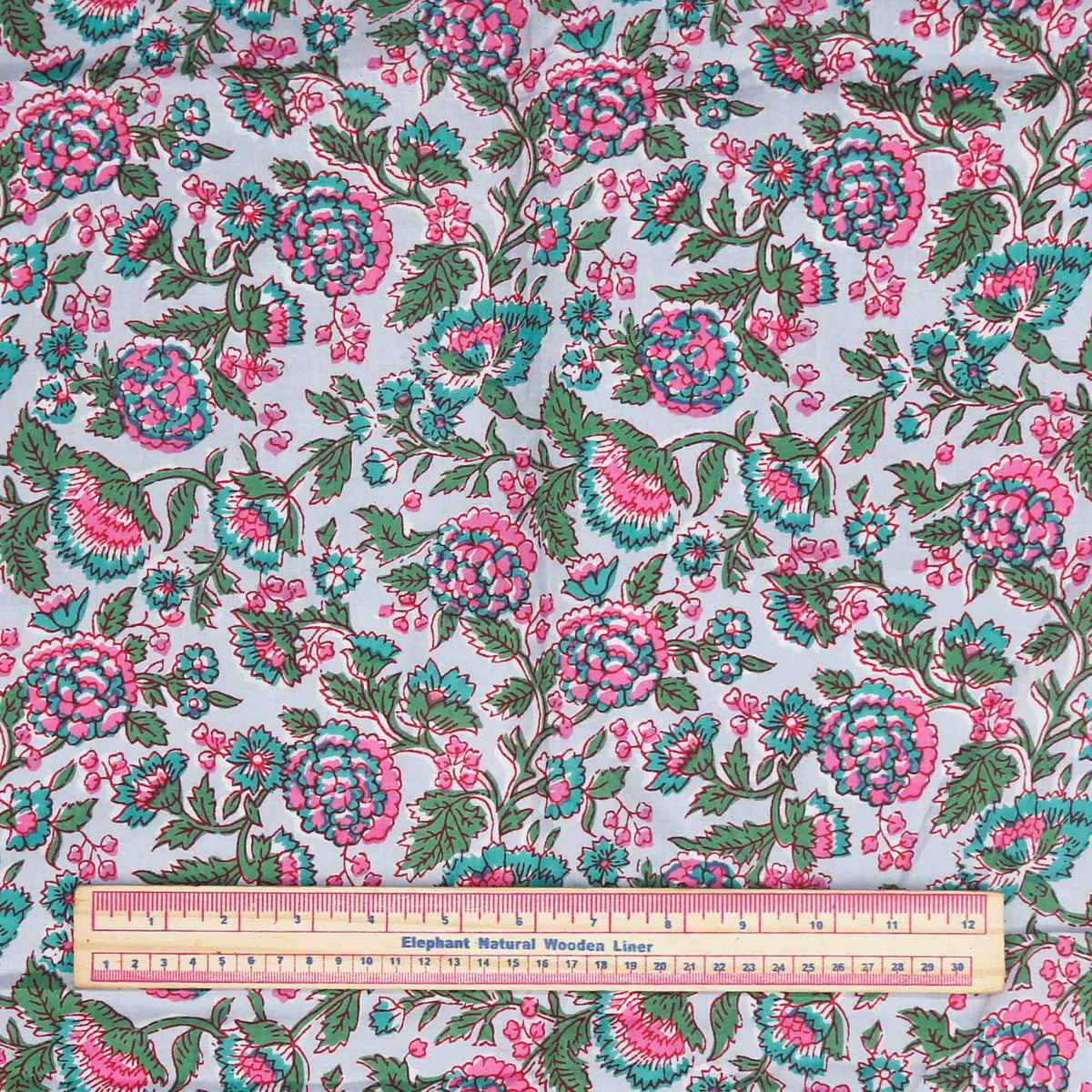 Block Print Fabric - Pink Green Vines On Greybase  ( Design 444 )