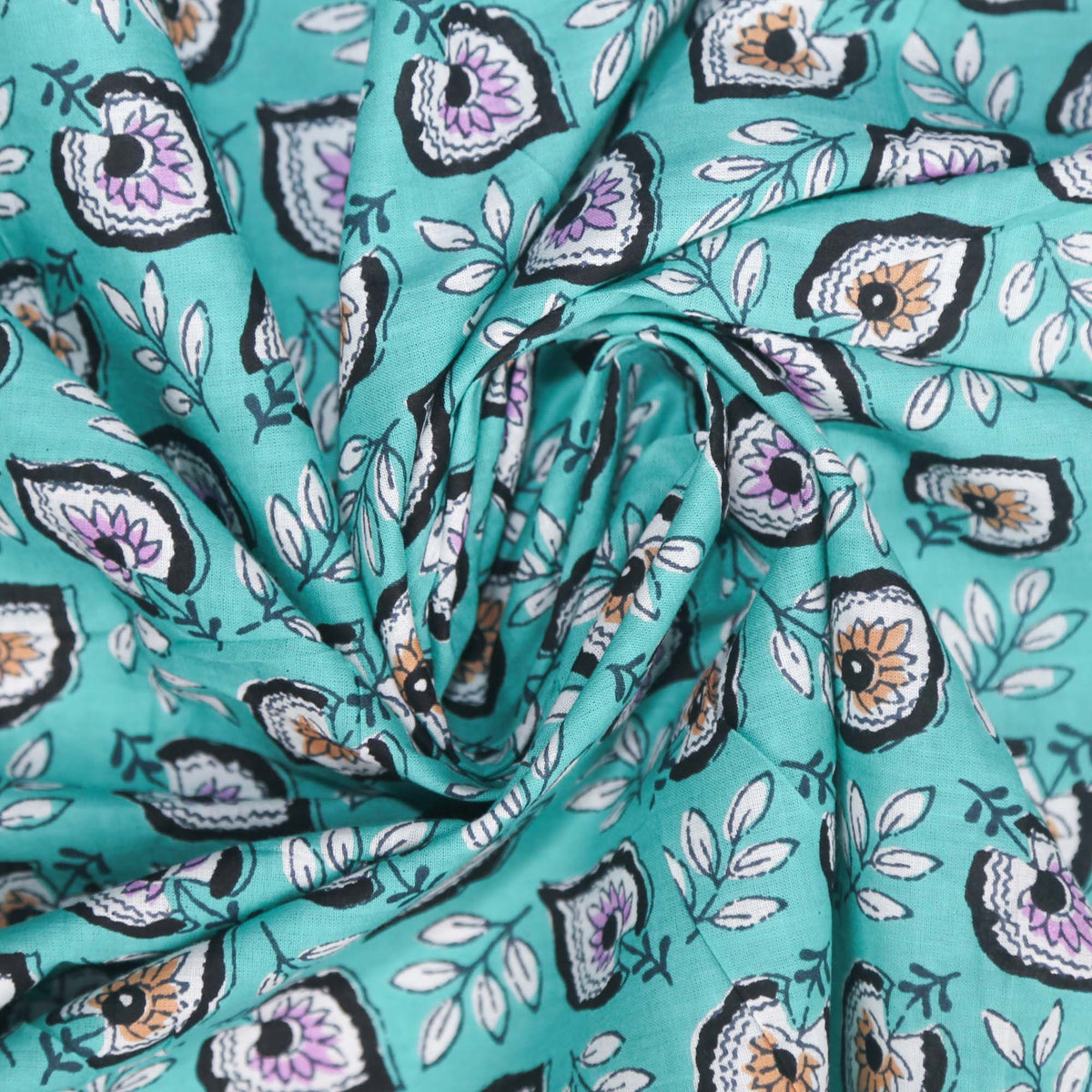 Block Printed 100% Cotton  Fabric - Peacock Floral ( Design 447)