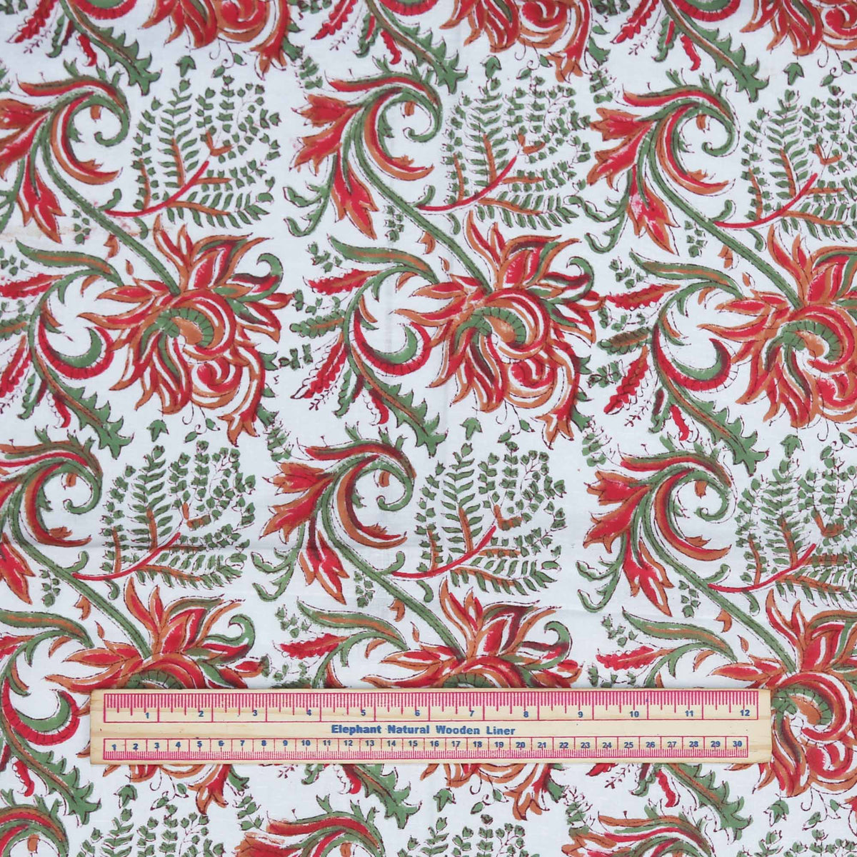 Block Printed 100% Cotton Fabric - Red Thistles On White( Design 448)