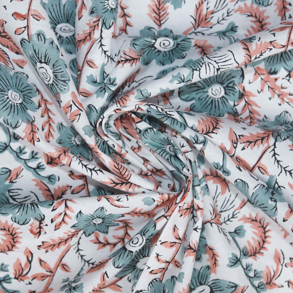 Block Printed 100% Cotton Fabric - Sweet Teal Rose Garden ( Design 450)