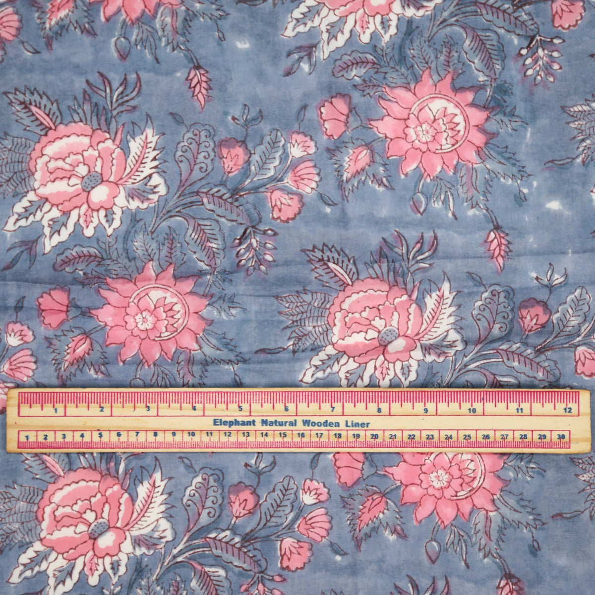 Block Print Fabric - Pink Flowers On Grey( Design 463)