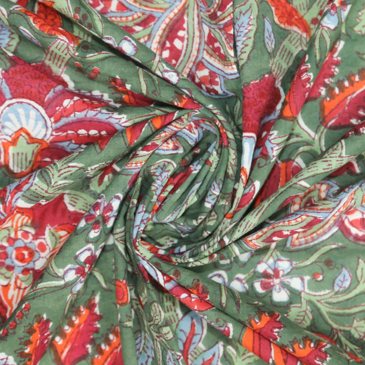 Block Print Fabric - Red Flowers On Green( Design 466)