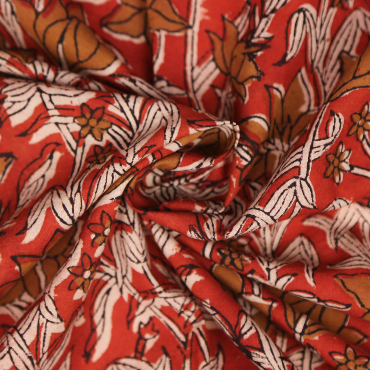 Block Print Fabric - Brown Flowers On Red( Design 495)