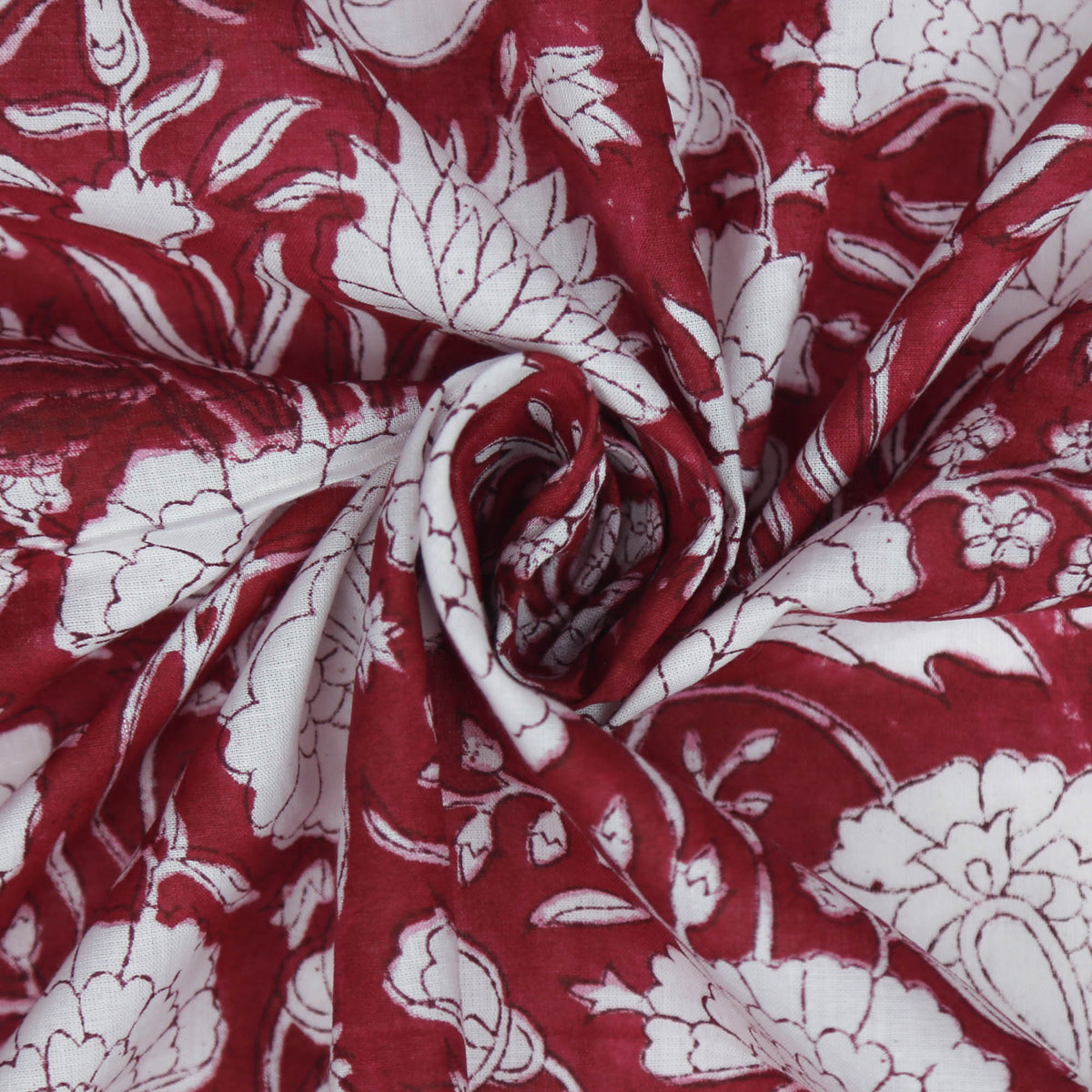 Block Print Fabric - White Marigold On Maroon / Wine ( Design 502)