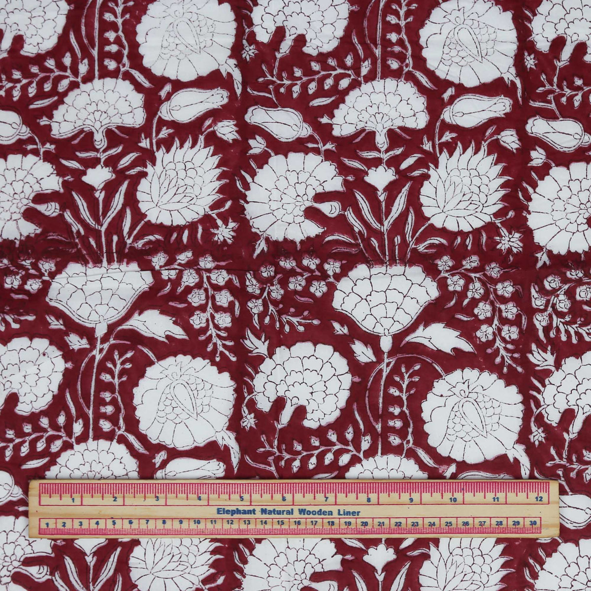 Block Print Fabric - White Marigold On Maroon / Wine ( Design 502)