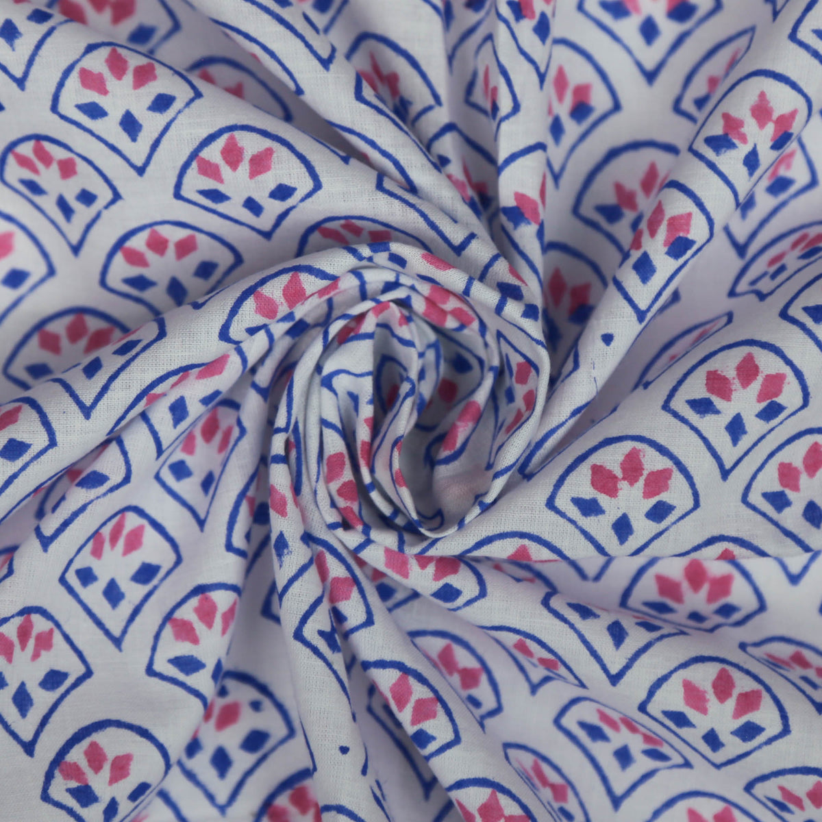 Block Print Fabric - Blue Pink Fish Scales( Design 504)