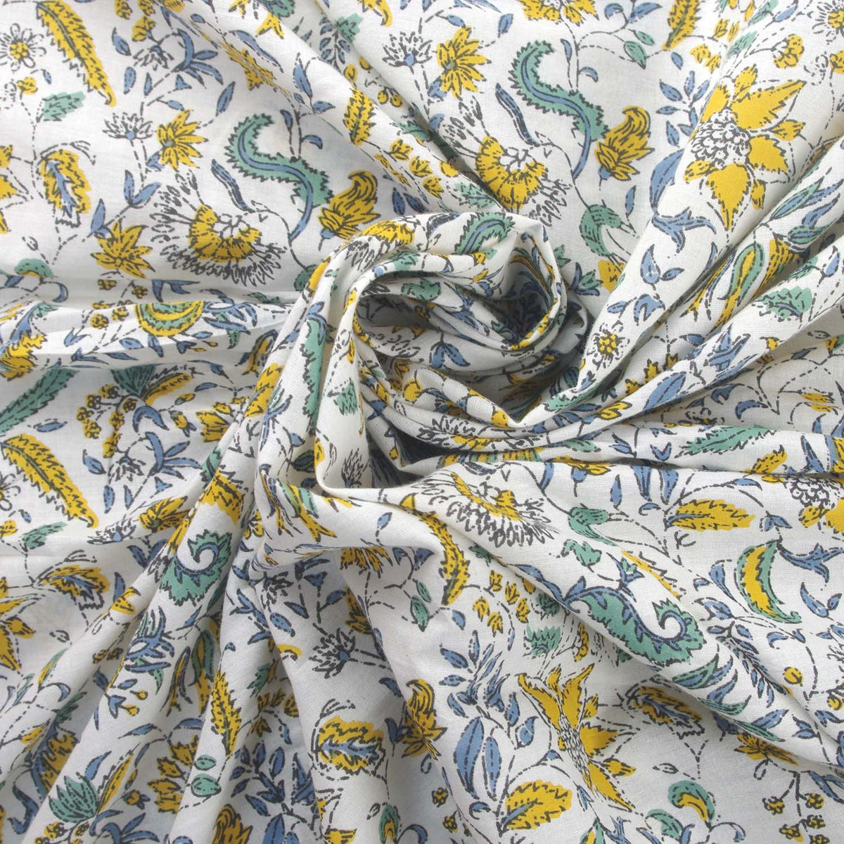 Blaue Blumen auf grüner Basis, handbedruckter Baumwollstoff, Design 340