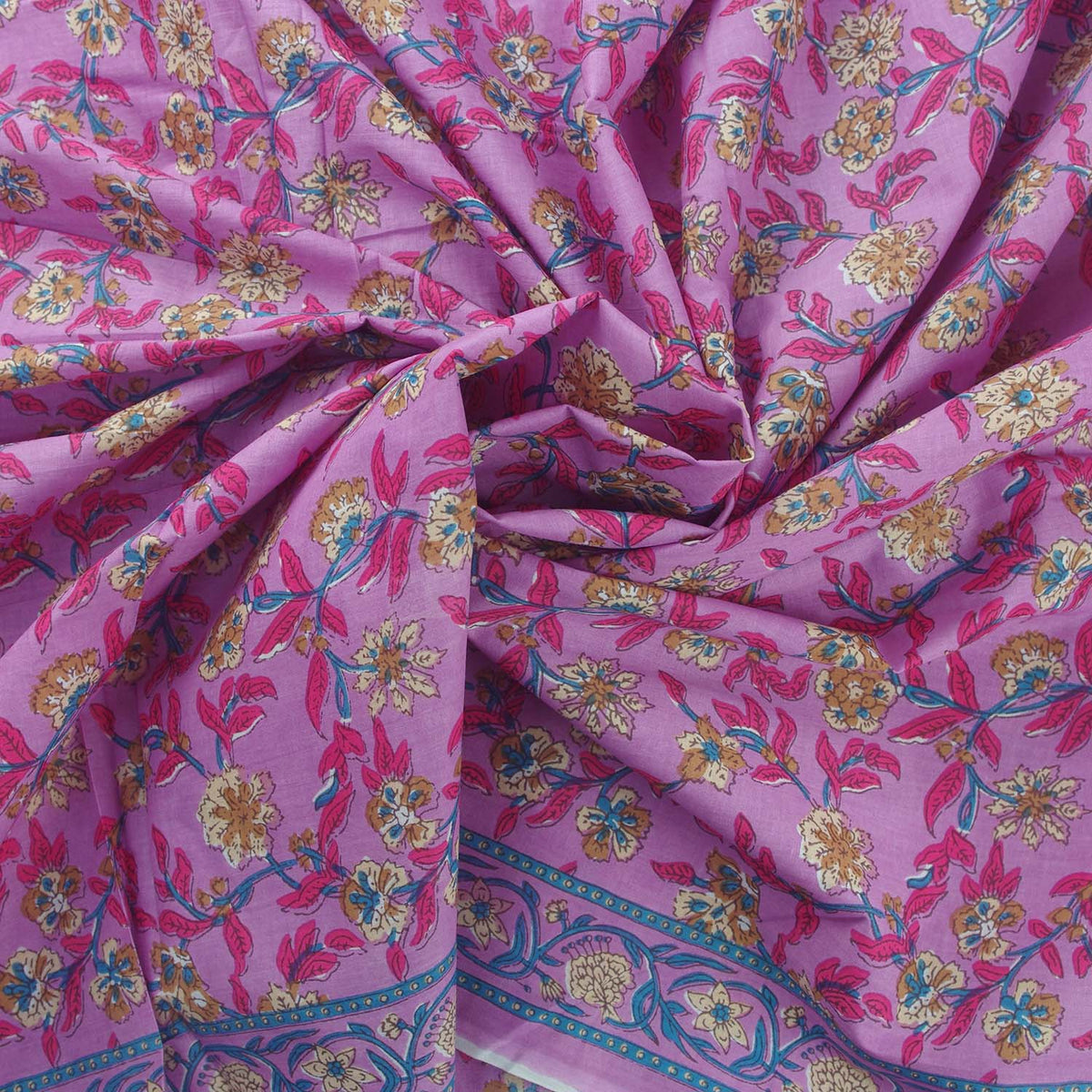 Purple Floral With Border Hand Block Printed Cotton Fabric Design 533