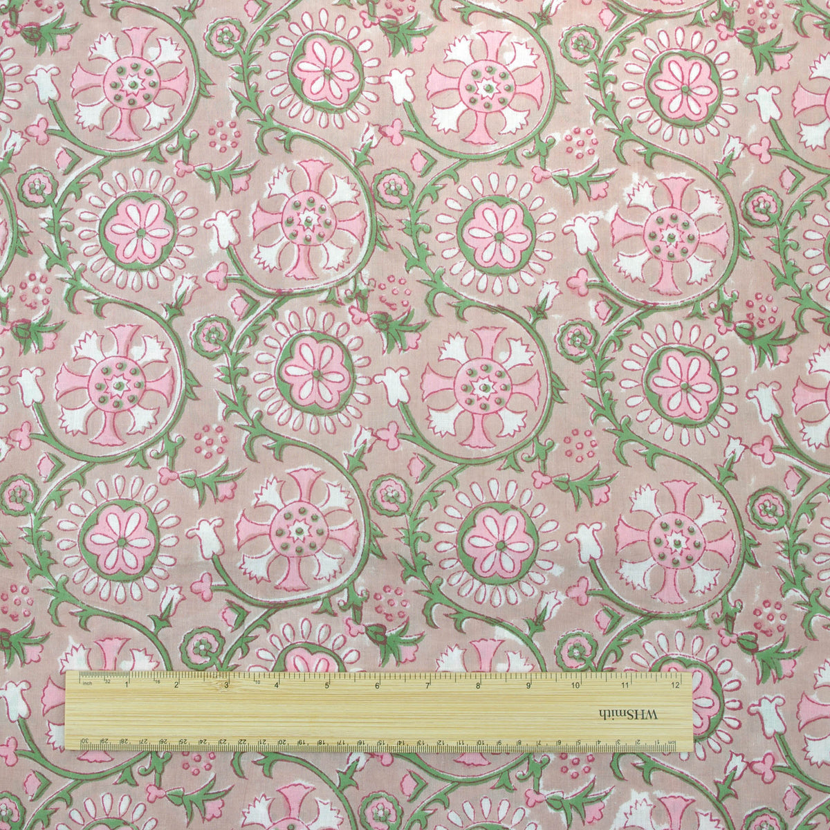 Beige Floral Hand Block Print 100% Cotton Women Dress Fabric Design 559
