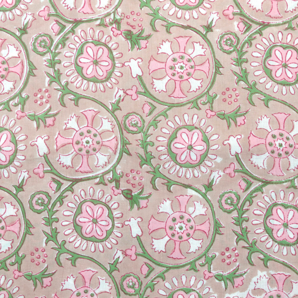Beige Floral Hand Block Print 100% Cotton Women Dress Fabric Design 559