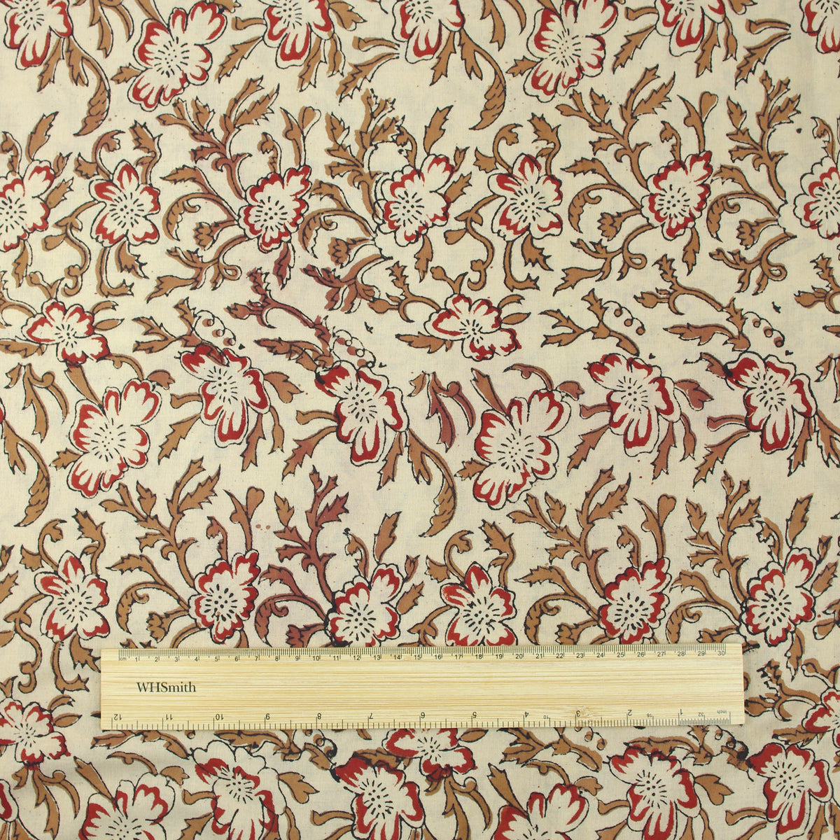 Red Flowers On Beige Hand Block Print 100% Cotton Women Dress Fabric Design 561