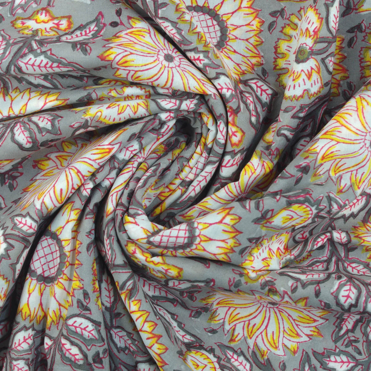 Yellow Sunflowers On Grey Hand Block Print 100% Cotton Women Dress Fabric Design 562