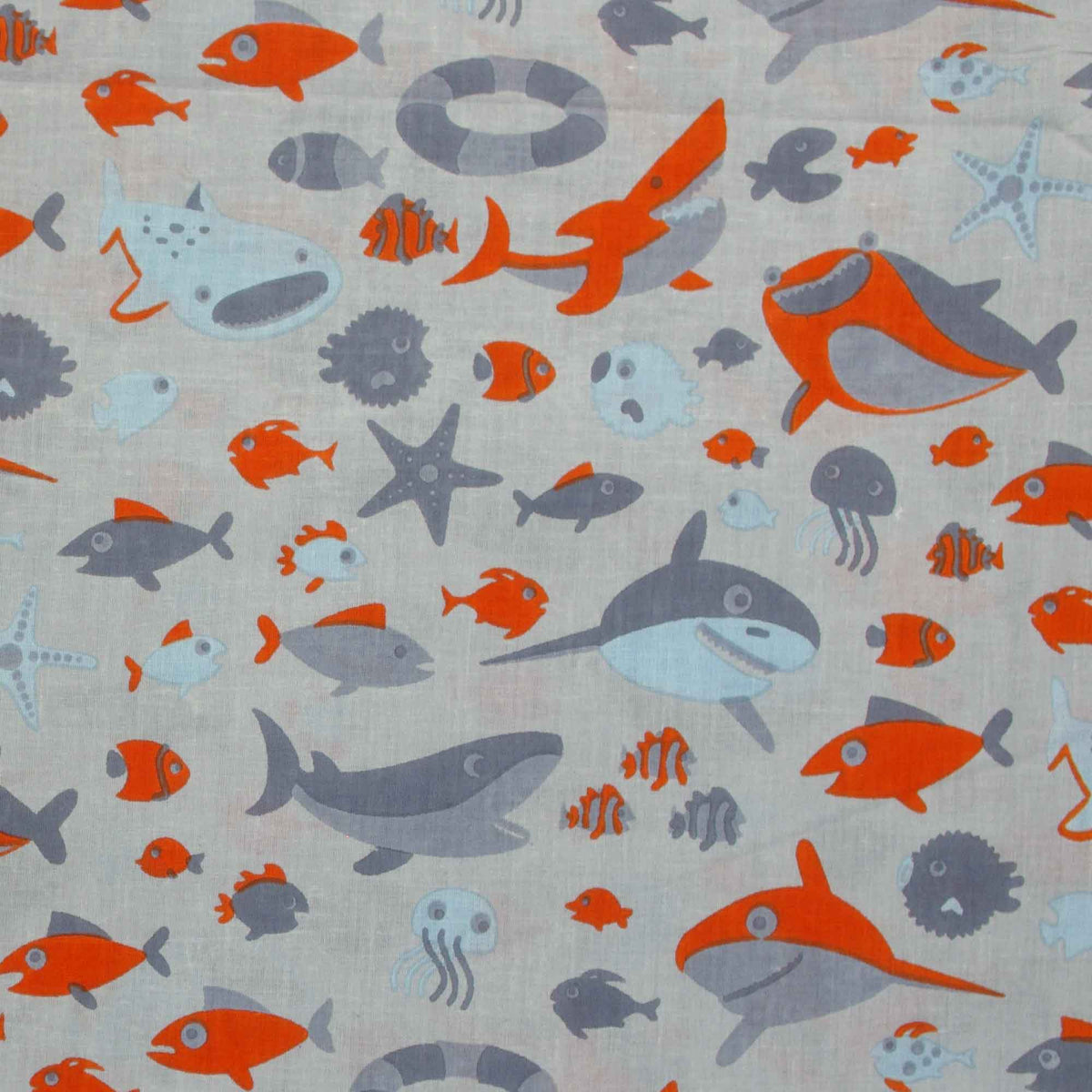 Screen Printed 100% Cotton Orange Whale Print On Grey Women Dress Fabric Design 643