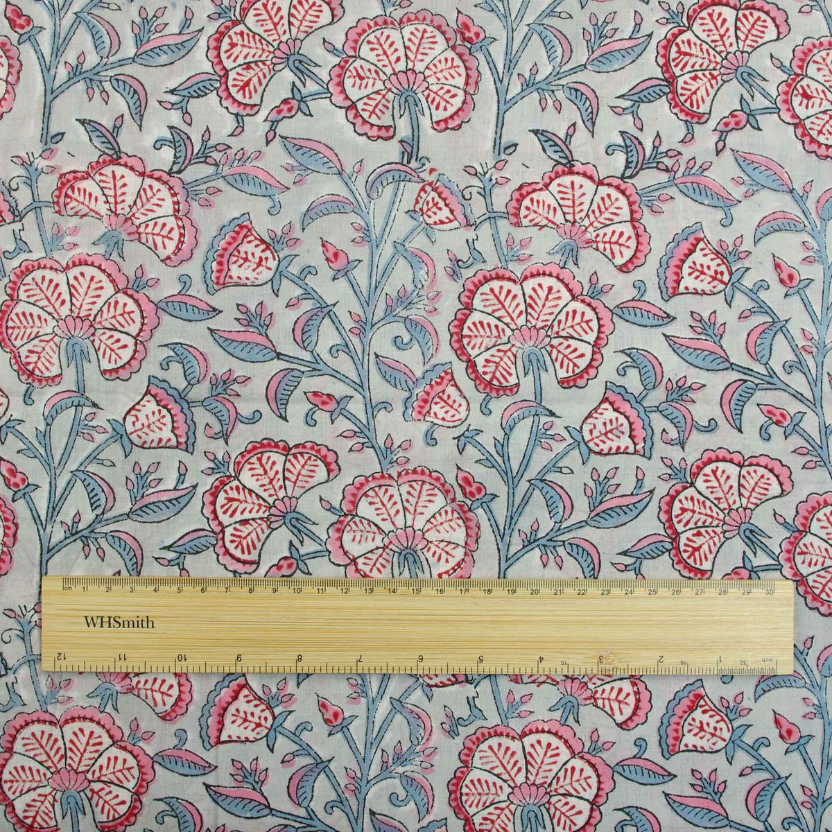 Indian Hand Block 100% Cotton Red Floral On Grey Women Dress Fabric Design 645