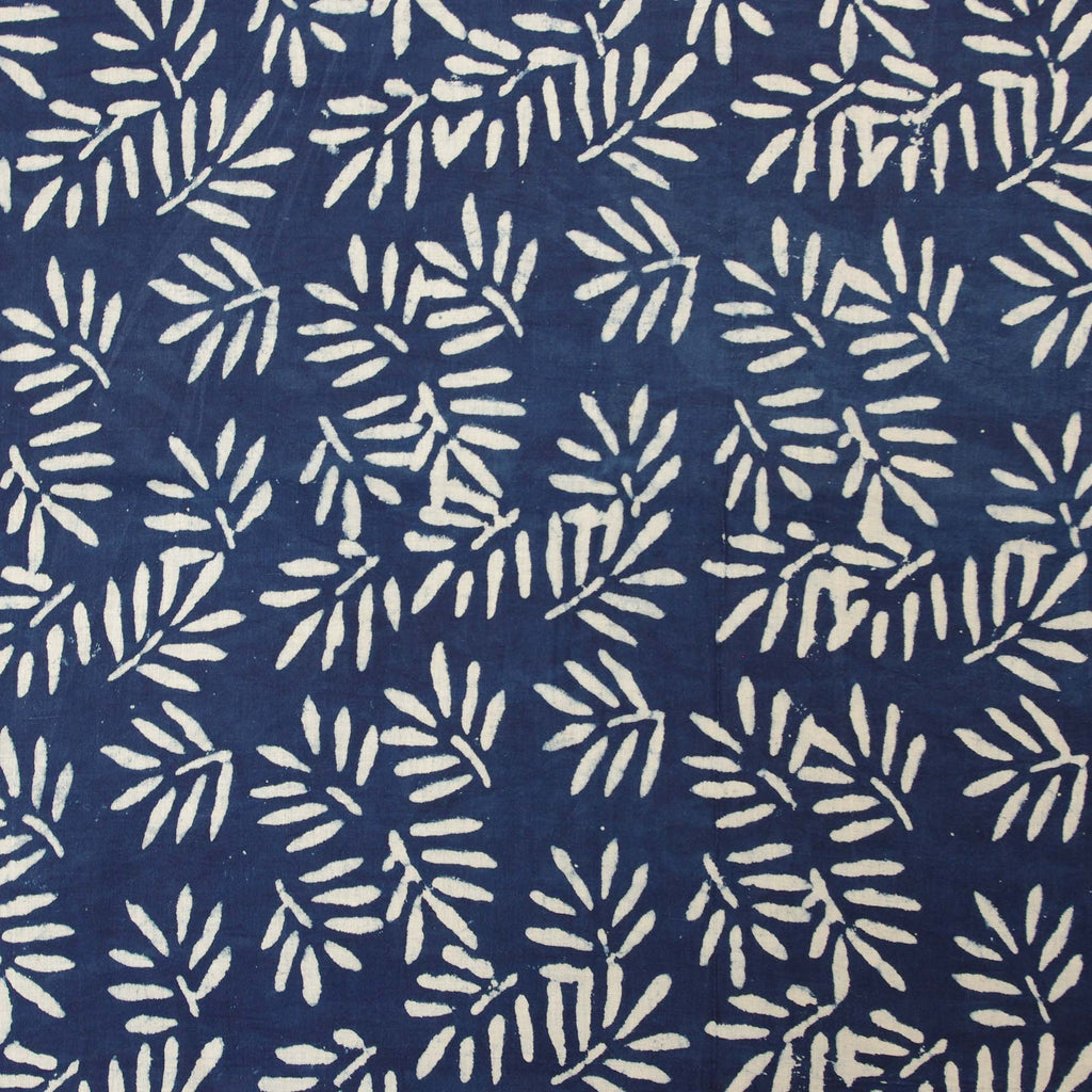 Natural Indigo Hand Block Printed Fabric - Indigo White Fall Leaves ...