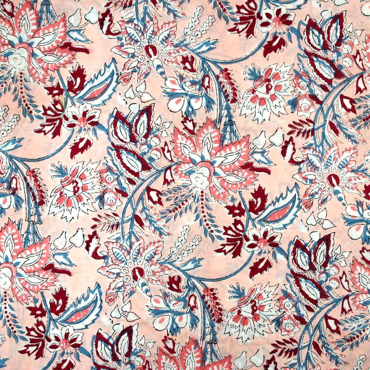 Indian Hand Block Light Peach Coral Floral Print 100% Cotton Women Dress Fabric Design 695