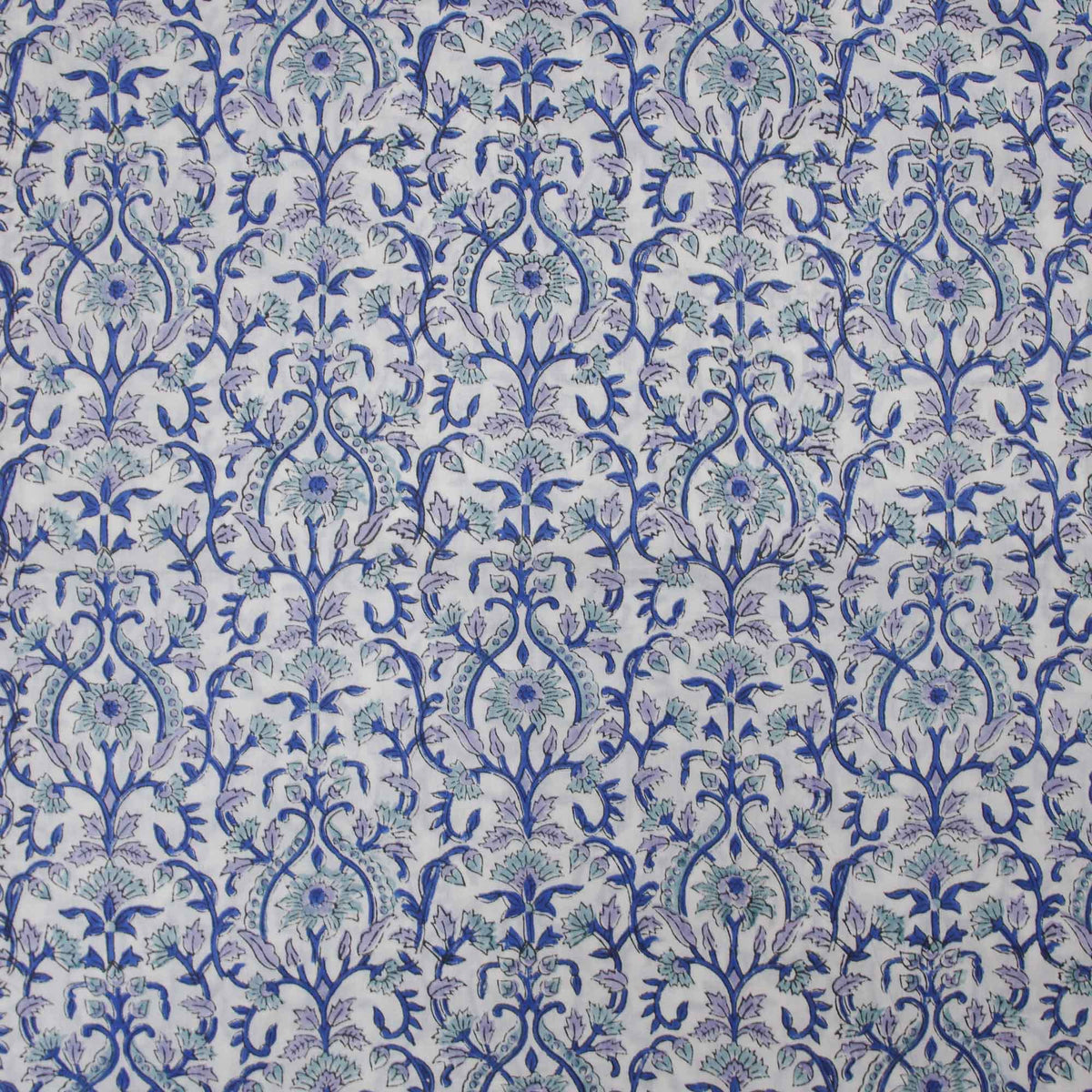 Indian Hand Block Printed 100 % Cotton Fabric - Floral Damask Pattern Blue and White (Design 707)