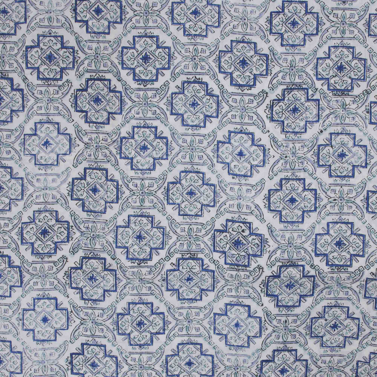 Indian Hand Block Printed 100 % Cotton Fabric - Geometric Medallion Print Blue and White(Design 708)