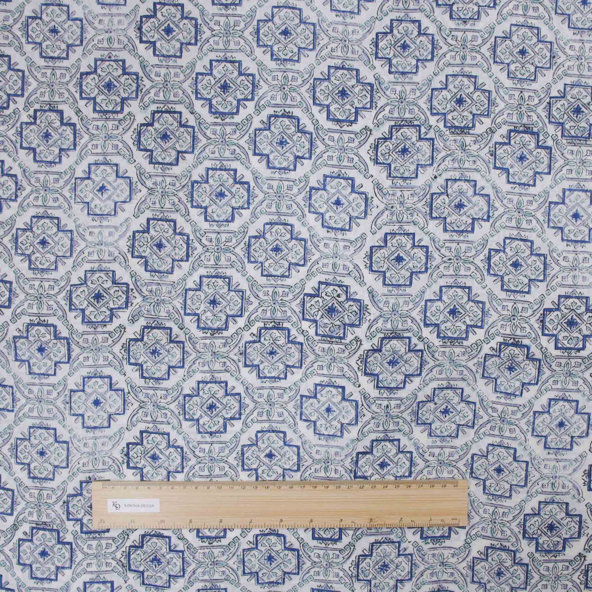Indian Hand Block Printed 100 % Cotton Fabric - Geometric Medallion Print Blue and White(Design 708)
