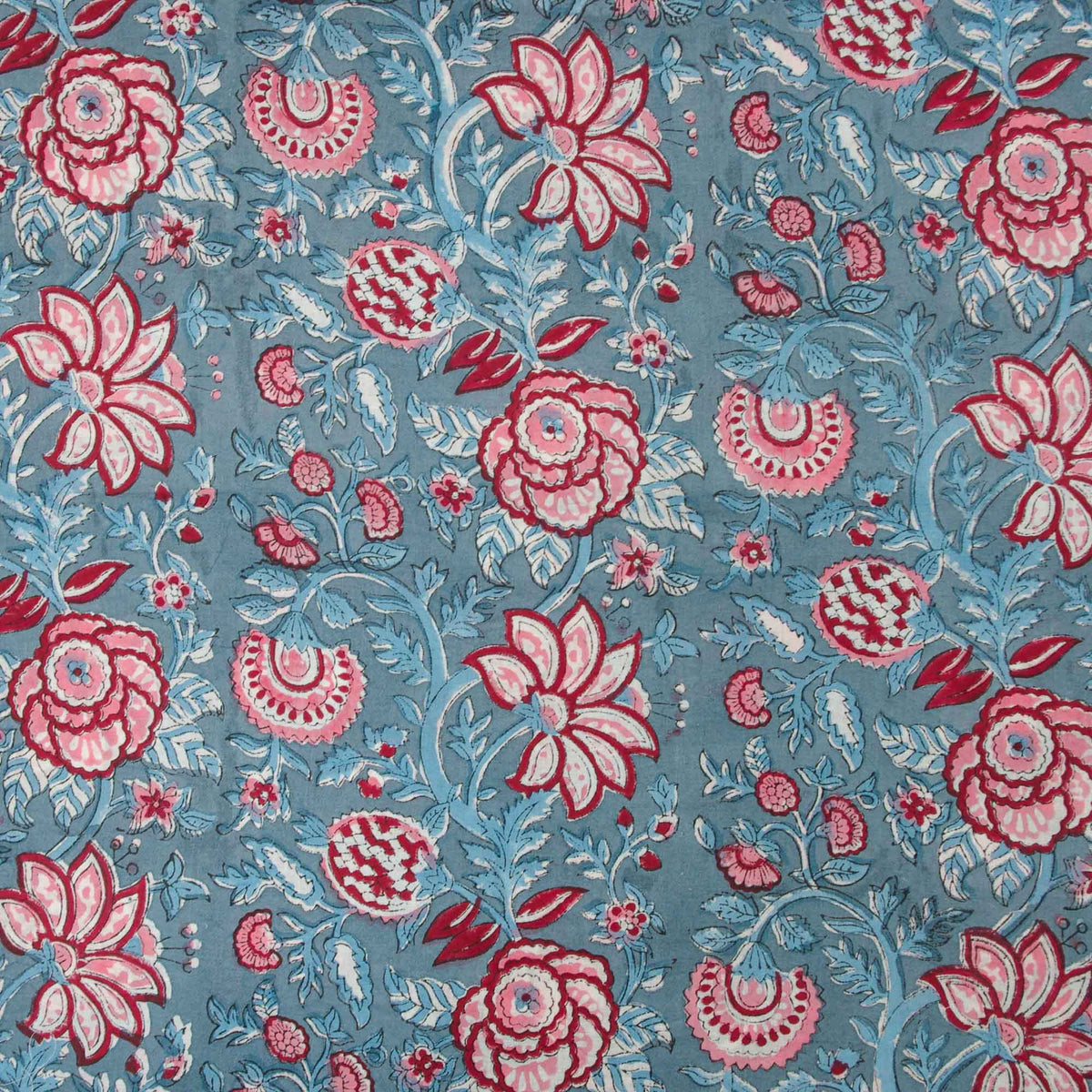 Indian Hand Block Printed 100 % Cotton Fabric- Steel Blue and Red Botanical Pattern ( Design 710)
