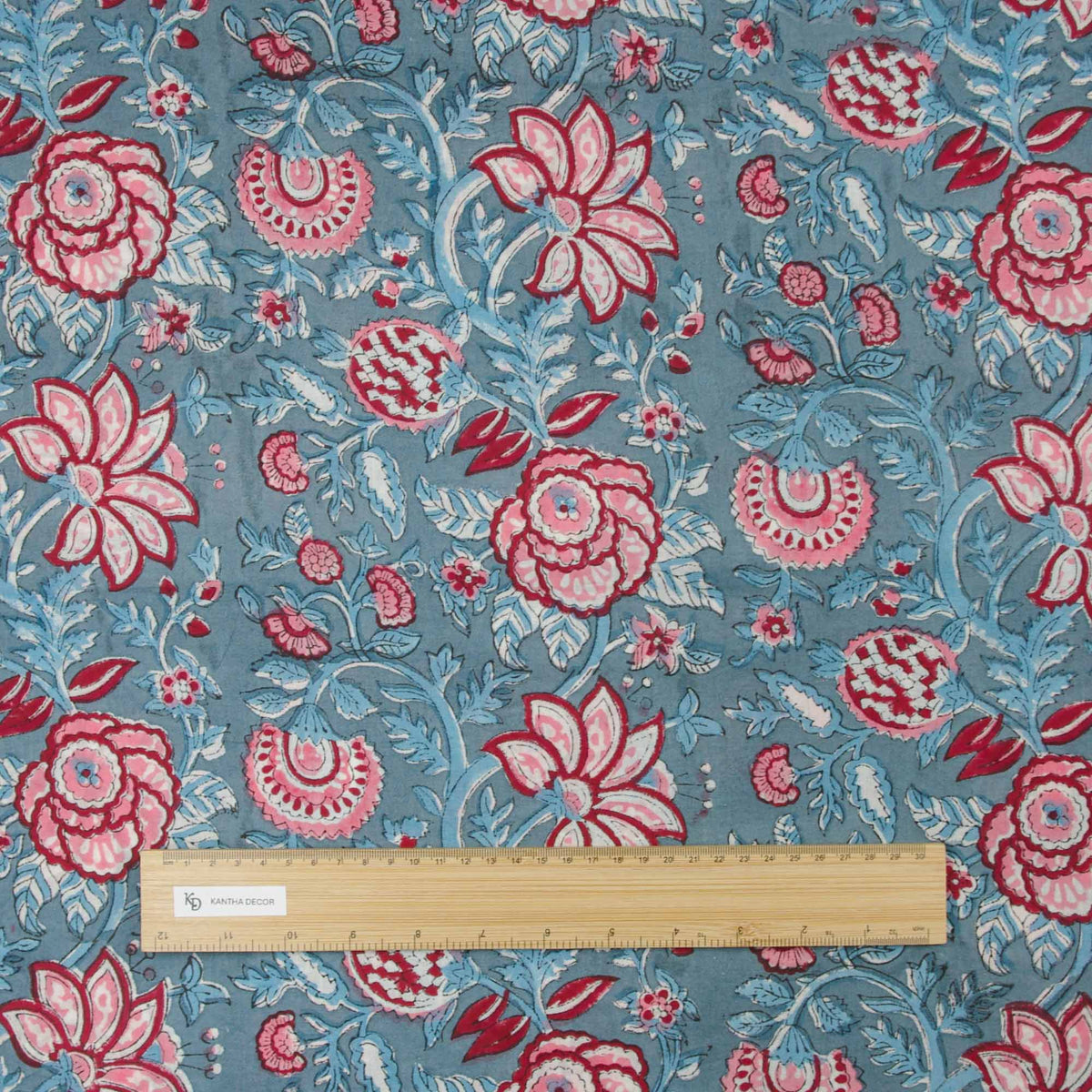 Indian Hand Block Printed 100 % Cotton Fabric- Steel Blue and Red Botanical Pattern ( Design 710)